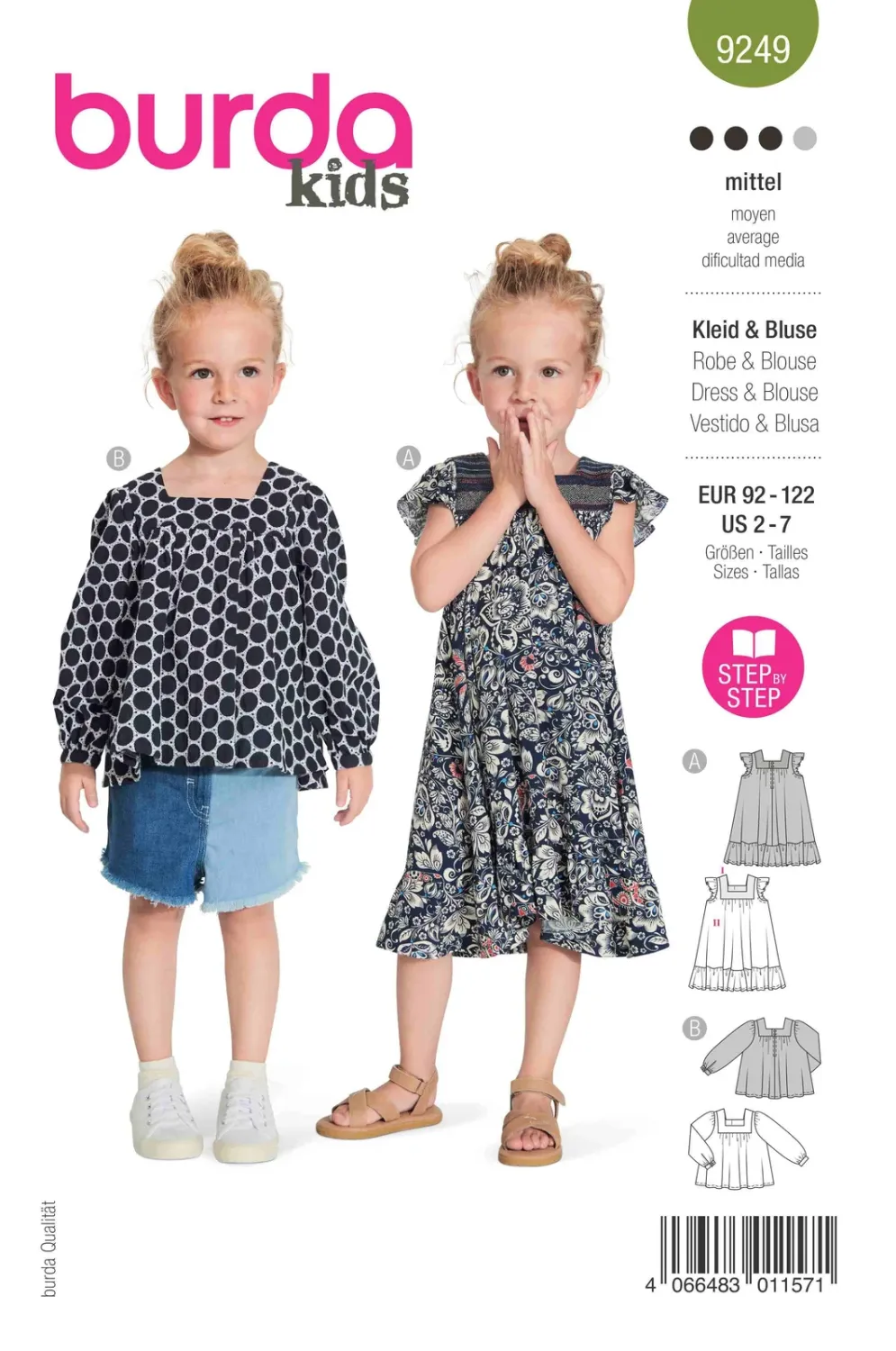 Burda 9249 - Klänning och blus med fyrkantig halsringning barn (92-122)