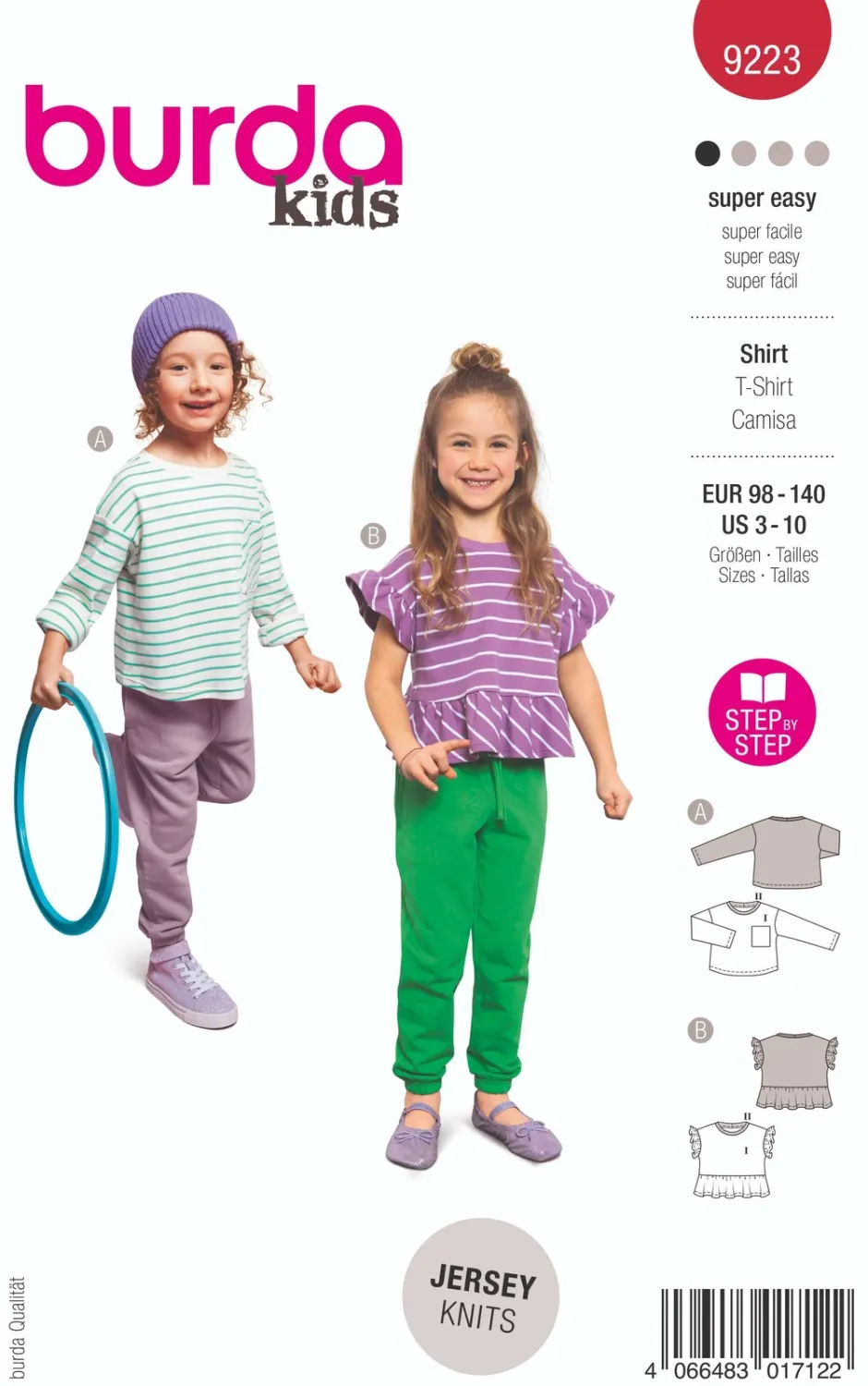 Burda 9223 - Tröja med vida ärmar och XL-ficka barn (98-140)