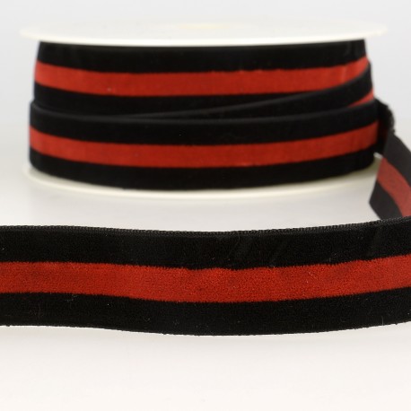 Mönstrat sammetsband 25 mm - Svart och röd