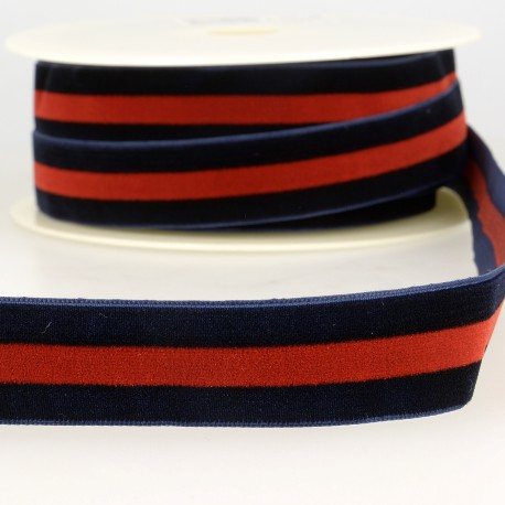 Mönstrat sammetsband 25 mm - Marinblå och röd