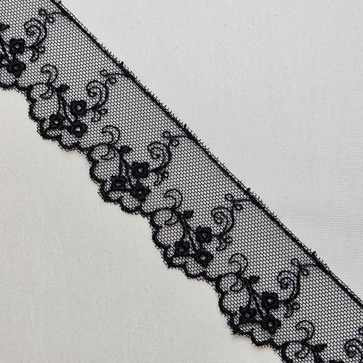 Broderad spets 30 mm - Svart
