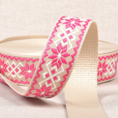 Väskband polyester 38mm Ethnic floral Cerise/beige