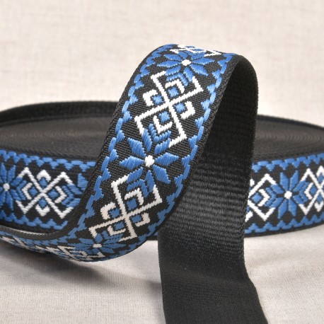 Väskband polyester 38mm Ethnic floral Blå/Svart