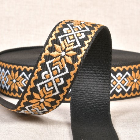 Väskband polyester 38mm Ethnic floral Lejongul/Svart
