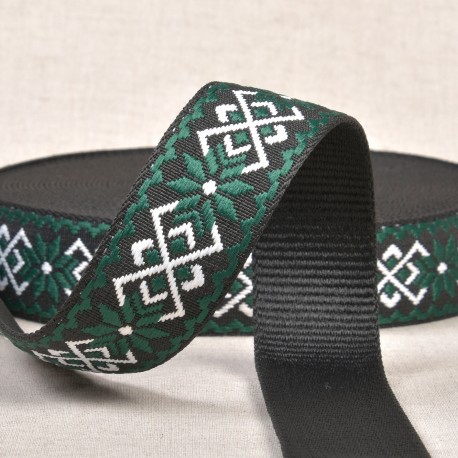 Väskband polyester 38mm Ethnic floral Grön/Svart
