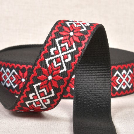Väskband polyester 38mm Ethnic floral Röd/Svart