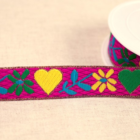 Dekorband 25mm Hjärtan och blommor Cerise