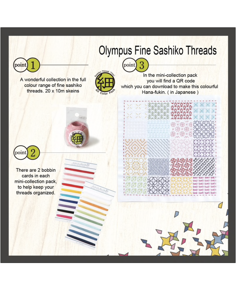 Olympus fin sashiko-tråd – mini-collection pack 20 färger