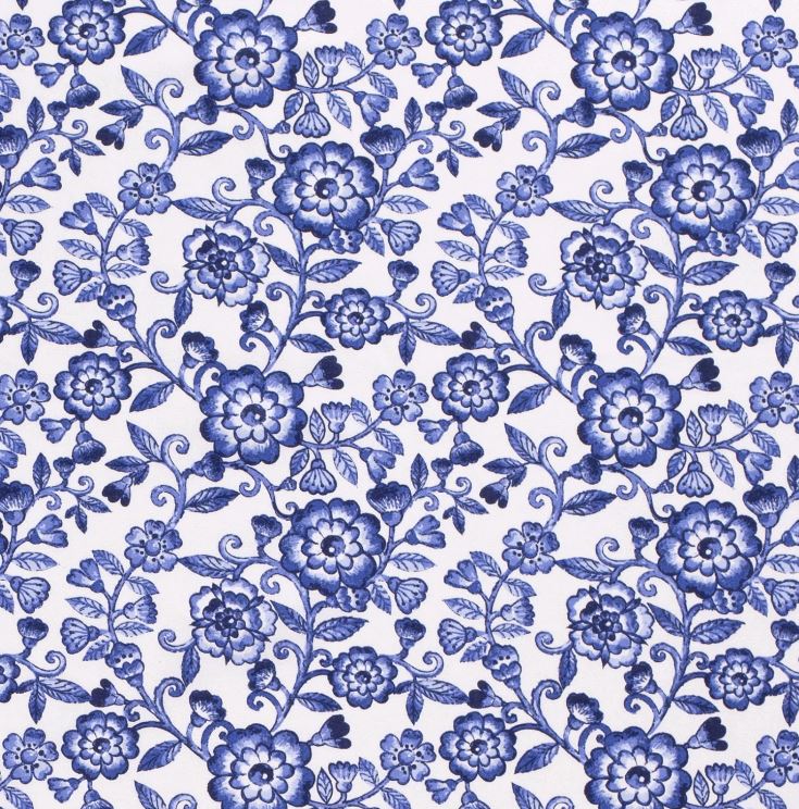 Bomullspoplin - Blåa blommor på vit botten