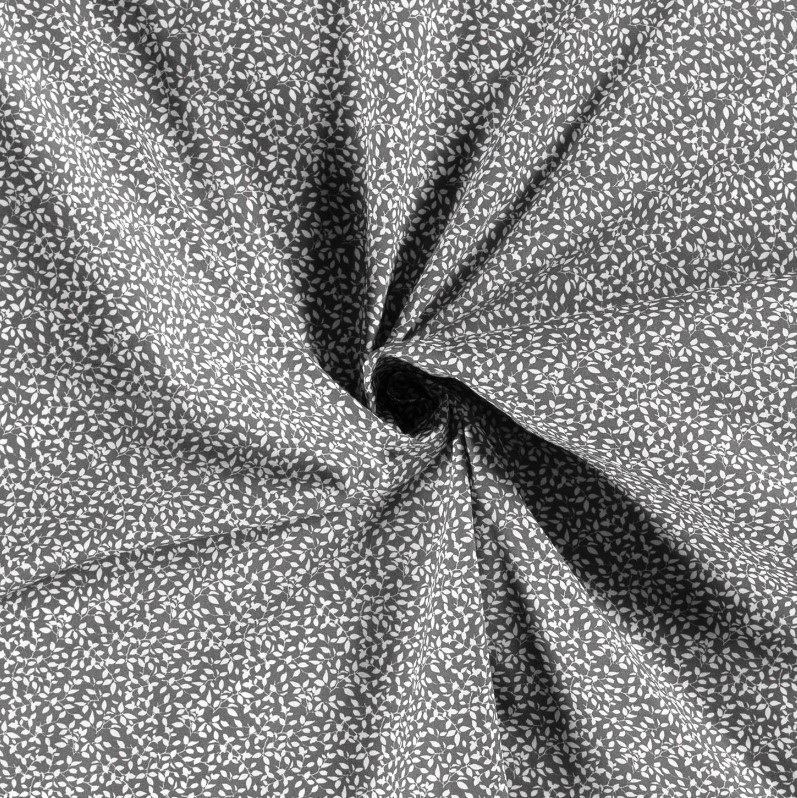 Bomullspoplin - Vita blad på mörkgrå botten
