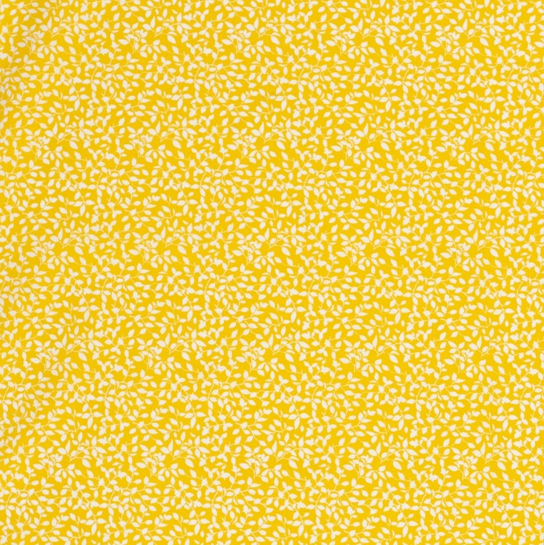Bomullspoplin - Vita blad på gul botten