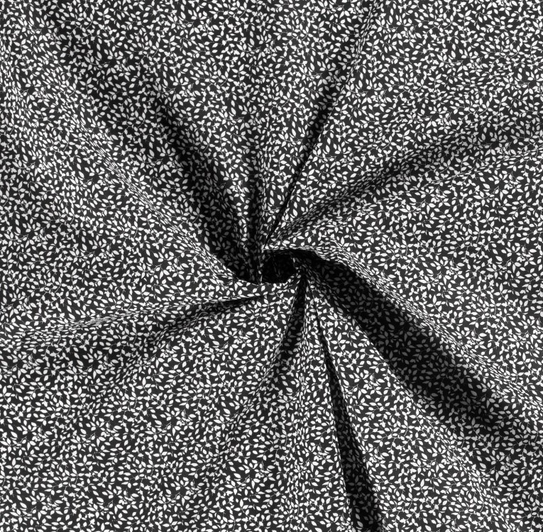 Bomullspoplin - Vita blad på svart botten