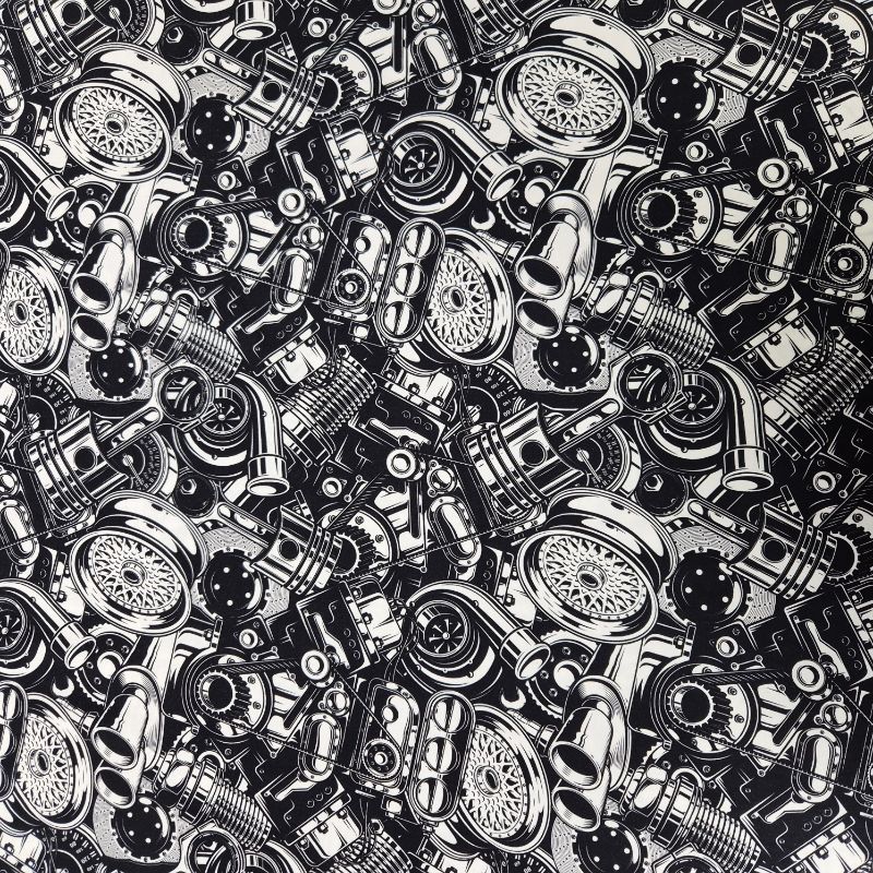 Trikå 180cm bred - Motordelar svart och vit