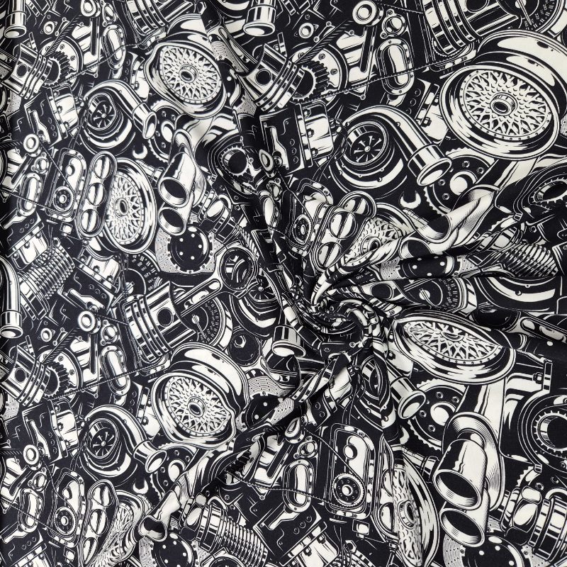 Trikå 180cm bred - Motordelar svart och vit