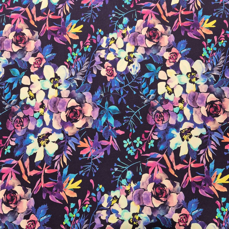 Jogging 180cm bred - Akvarellblommor på marin