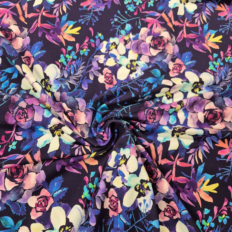 Jogging 180cm bred - Akvarellblommor på marin