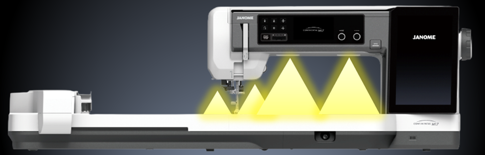 9 LED-lampor på 4 placeringar lyser upp arbetsytan på Janome Continental M17