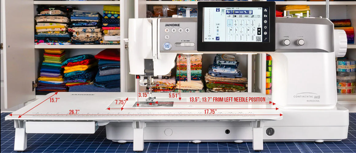 Janome Continental M8 med sybord monterat och måttangivelser