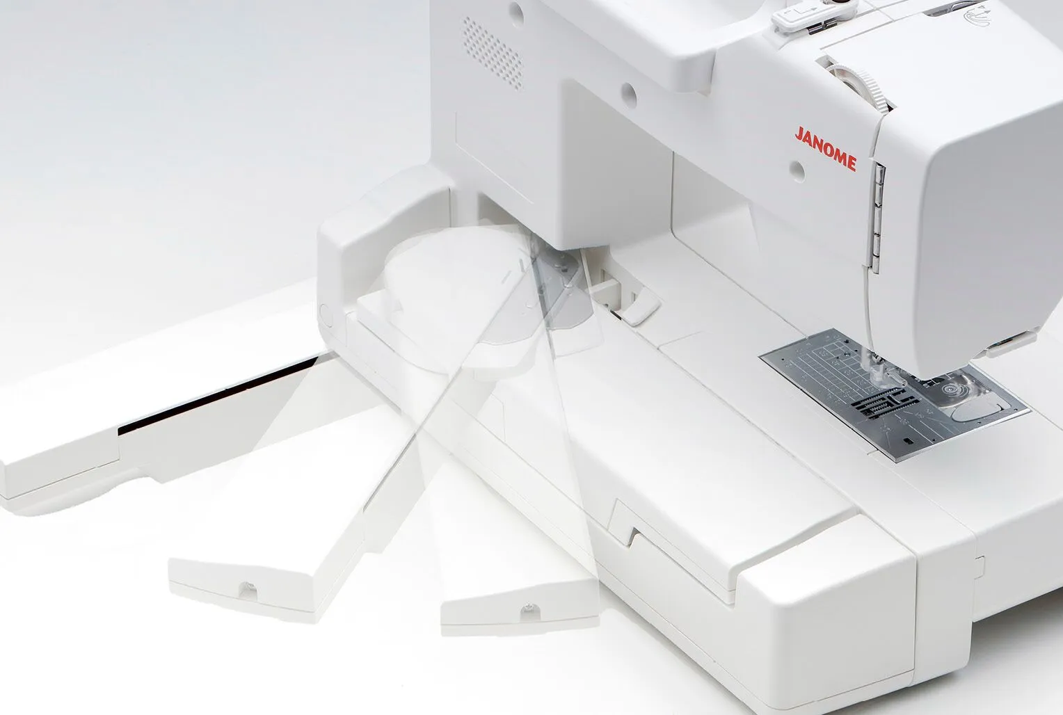 Integrerad broderiarm på Memory Craft 1000 som fälls ut från baksidan