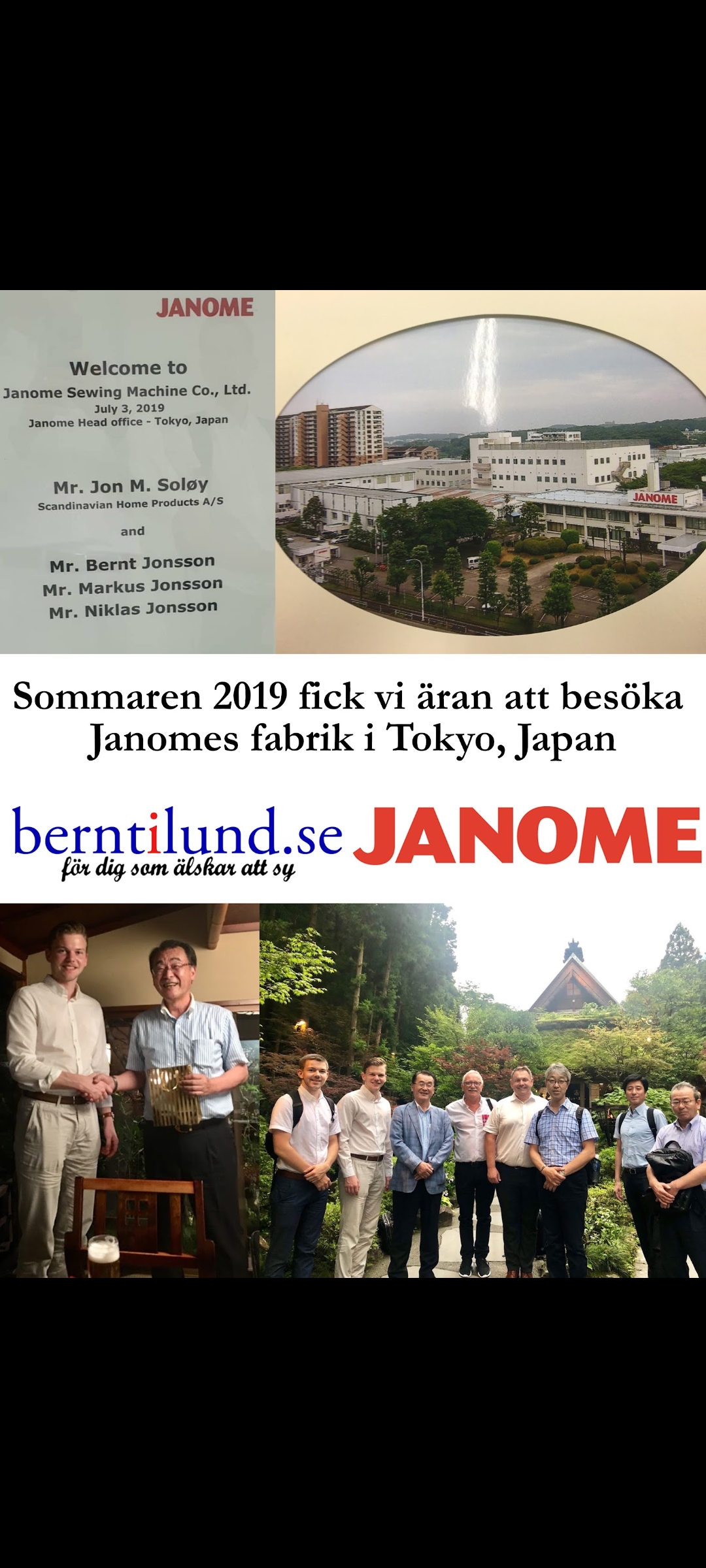 Bernt, Markus och Niklas Jonsson på besök hos Janome i Tokyo, Japan, den 3 juli 2019