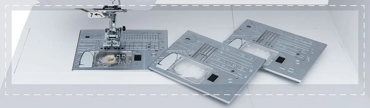 Tre stygnplåtar till Janome Continental M8: standard, raksöm och HP