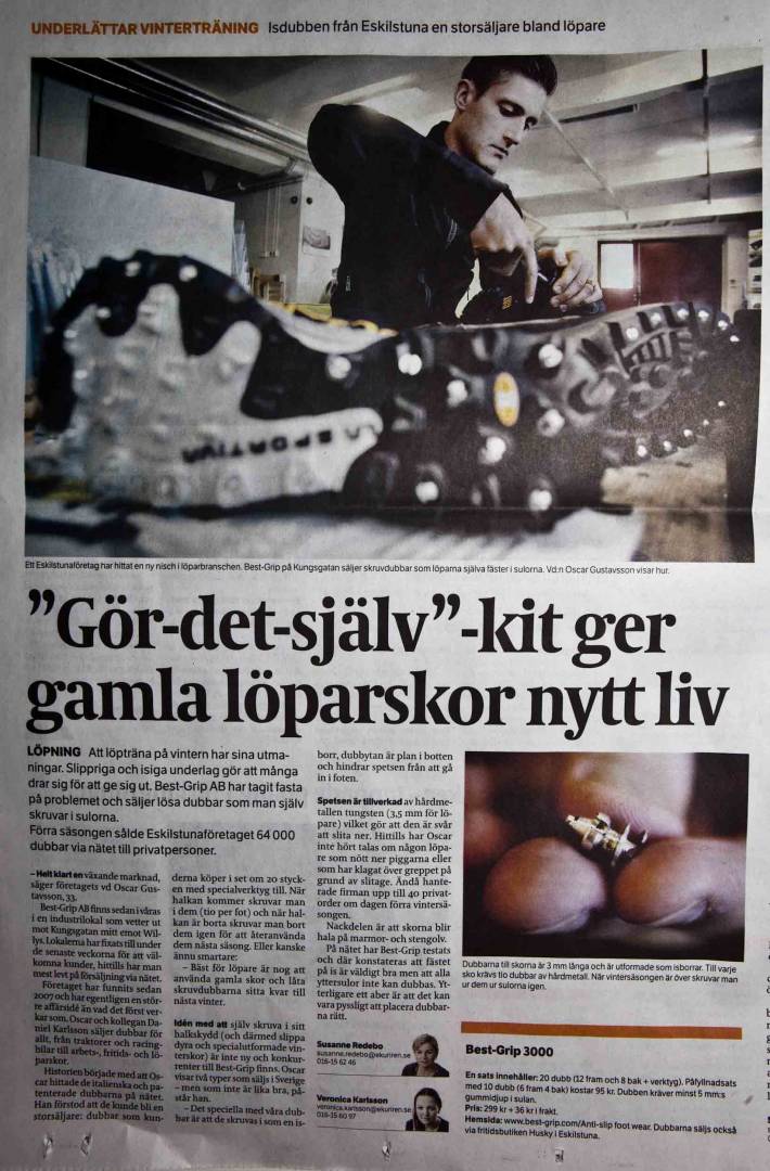 En helsida om BestGrip skosatser i Eskilstuna kuriren