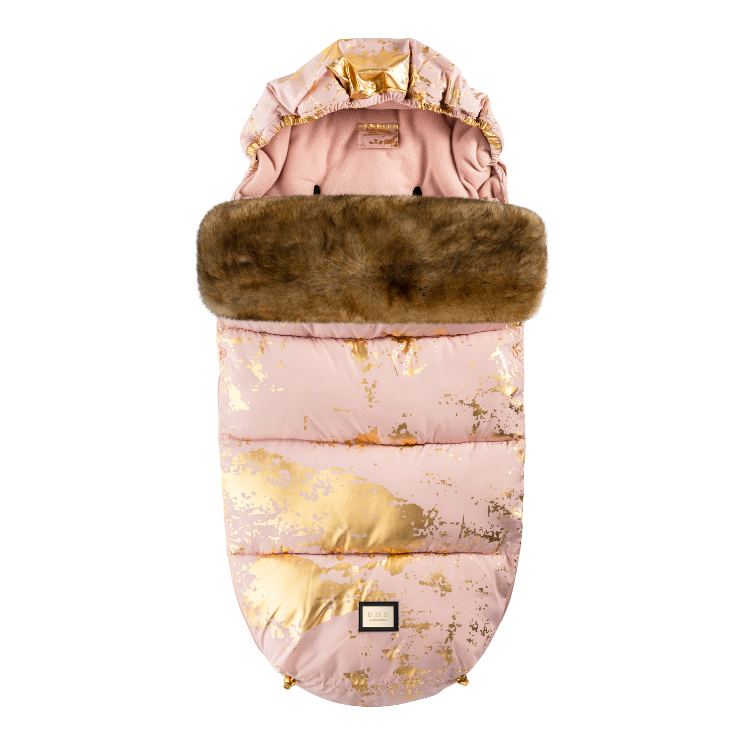 Åkpåse i rosa och guld med kudde och pälskrage från Bjällra of Sweden passar för vinter och sommar