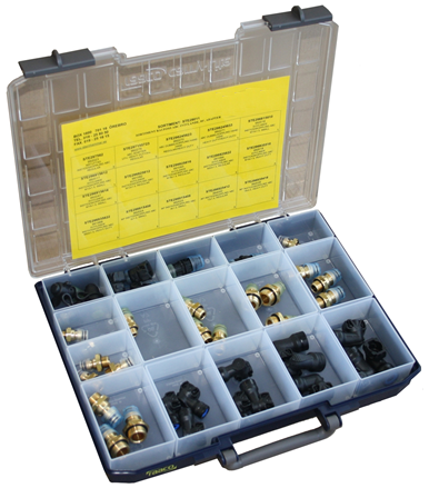 Sortimentlåda Raufoss ABC-kopplingar svivlande, 90°, adapter (38 delar)