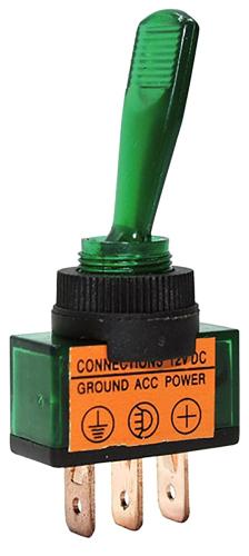 VIPPSTRÖMSTÄLLARE, ON/OFF, 20 A @ 12 V DC, GRÖN