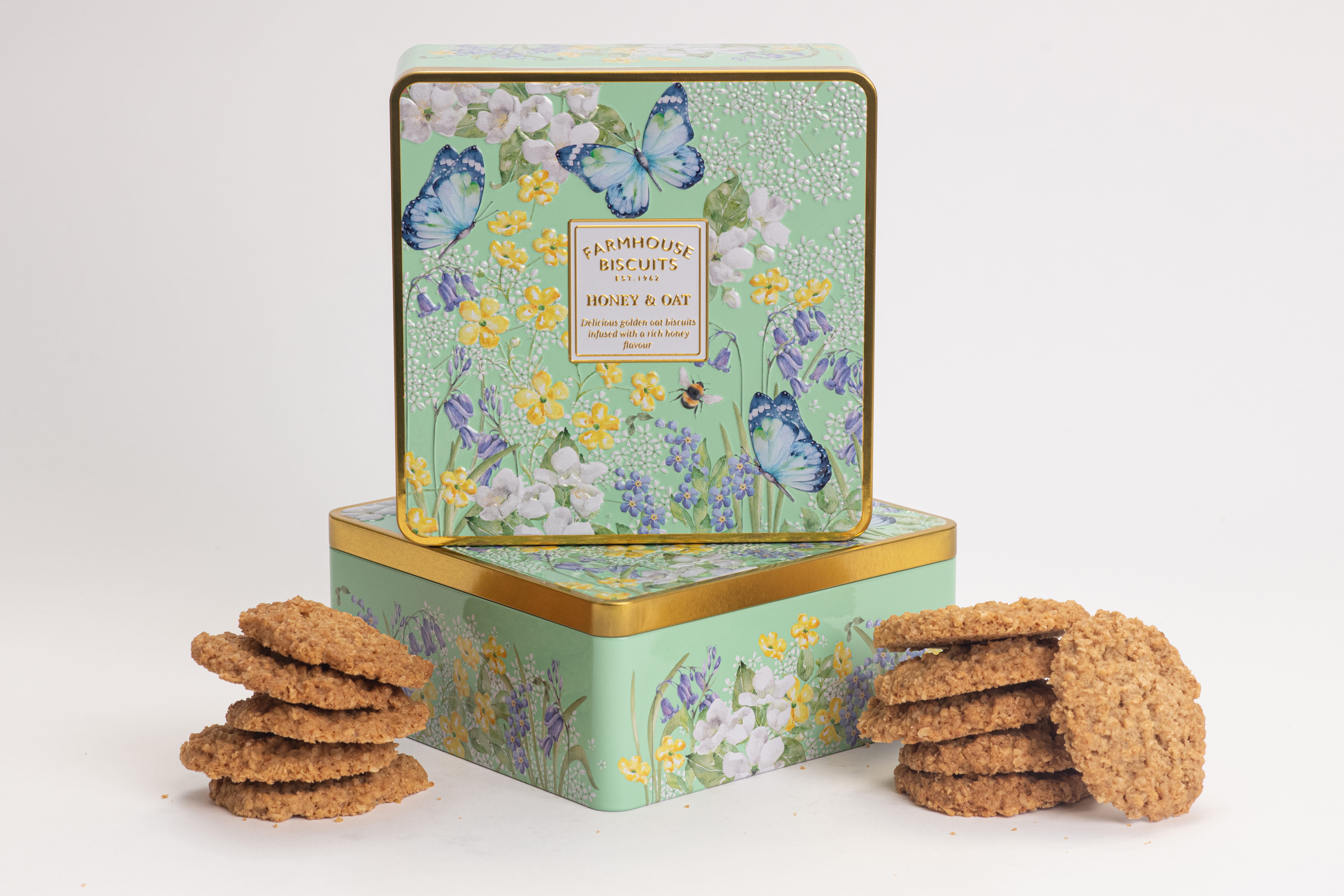 Kakor Honey & Oat biscuits i vacker plåtburk - Farmhouse Biscuits, 250g