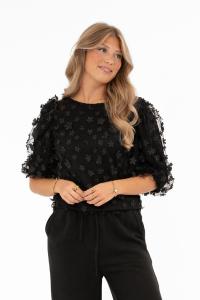 Blus med brodyr och påsydda blommor, Svart Chateau - Capri Collection