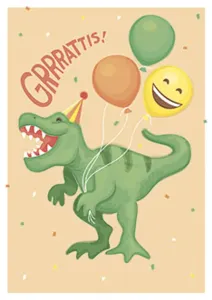 Grrrattis! Dubbelt kort med dinousarie och ballonger - Pictura
