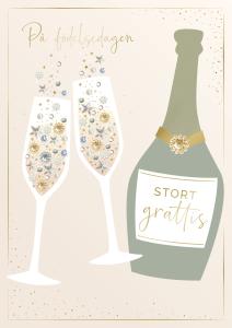 På födelsedagen, Champagneflaska och 2 glas, Dubbelt kort - Pictura