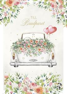 Maxi-kort: Till Brudparet - Vit blomsterprydd bil - Pictura