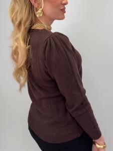 Stickad tröja med puffärm, Mörkbrun Elvy - Gemini