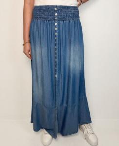 Jeanskjol med knappar i tencel, Blå Miranda - Caramelle Fashion    BERÄKNAD LEV: MAJ