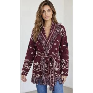Stickad cardigan, Vinröd mönstrad, Sally - Lecoco