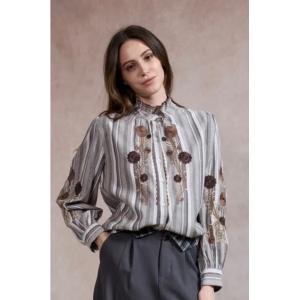 Blus Randig med bruna broderade blommor, Beata - Lecoco