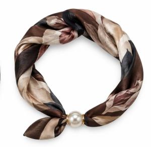 Scarves med magnetknäppe (vit pärla), Blommor och Blad, Brun - Three M