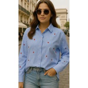 Skjorta, Blå / Vit randig med jordgubbar, Lina - Qnuz