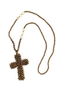 Halsband Långt, Pärlor och stort kors i brunt - Cat & Co