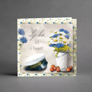 Kort "Lycka till i livet", Studentmössa, jordgubbar och blommor- Card Store