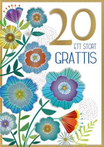 20 Ett stort grattis, Kort med guldiga siffror och blommor, Pictura