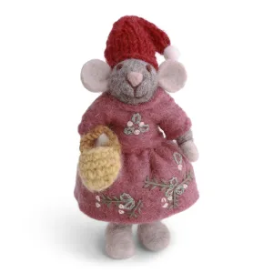 Tovad grå mus med rosa klänning och korg (20126) - Én Gry & Sif