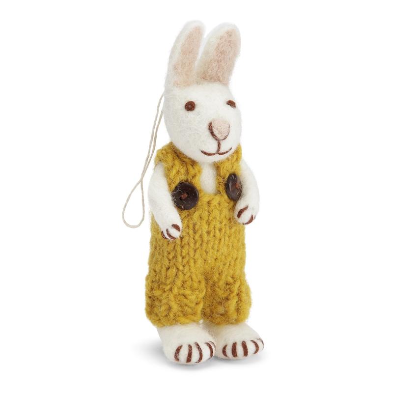 Vit hare med gula hängslebyxor, 14 cm (20313) - Én Gry & Sif