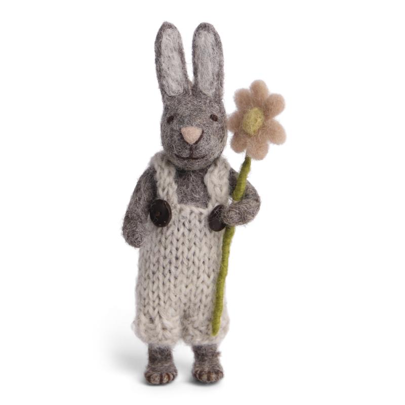 Grå hare med ljusa byxor och blomma, 14 cm (20912) - Én Gry & Sif