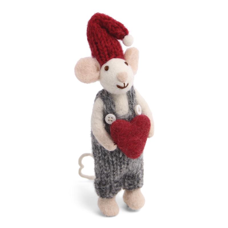 Söt tovad vit mus med gråa hängselbyxor och ett hjärta (23122) - Én Gry & Sif