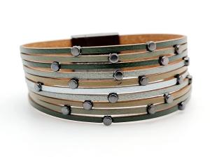 Armband, 10 läderremmar i gröna toner - Cat & Co