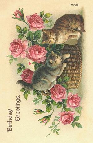 Paketkort Vintage, Sköna Ting - Birthday Greetings (med katter och rosor)