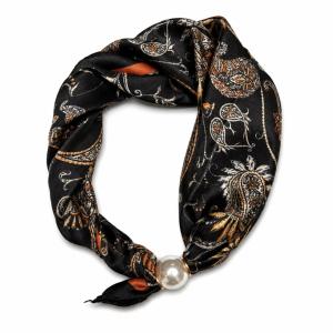 Scarves med magnetknäppe (vit pärla), Paisley Svart / Creme / Tegel - Three M